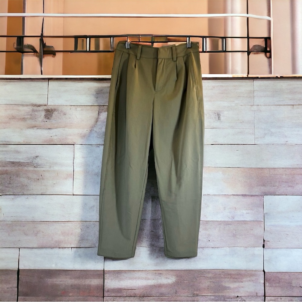 Free People Green Pleated Wide Leg Trousers, Rear Belt, Ankle Pleat, Size 2 - Picture 5 of 14